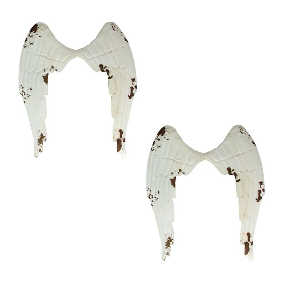 Metal Angel Wings Wall Sculptures Set of 2 Distressed White 13.25 In